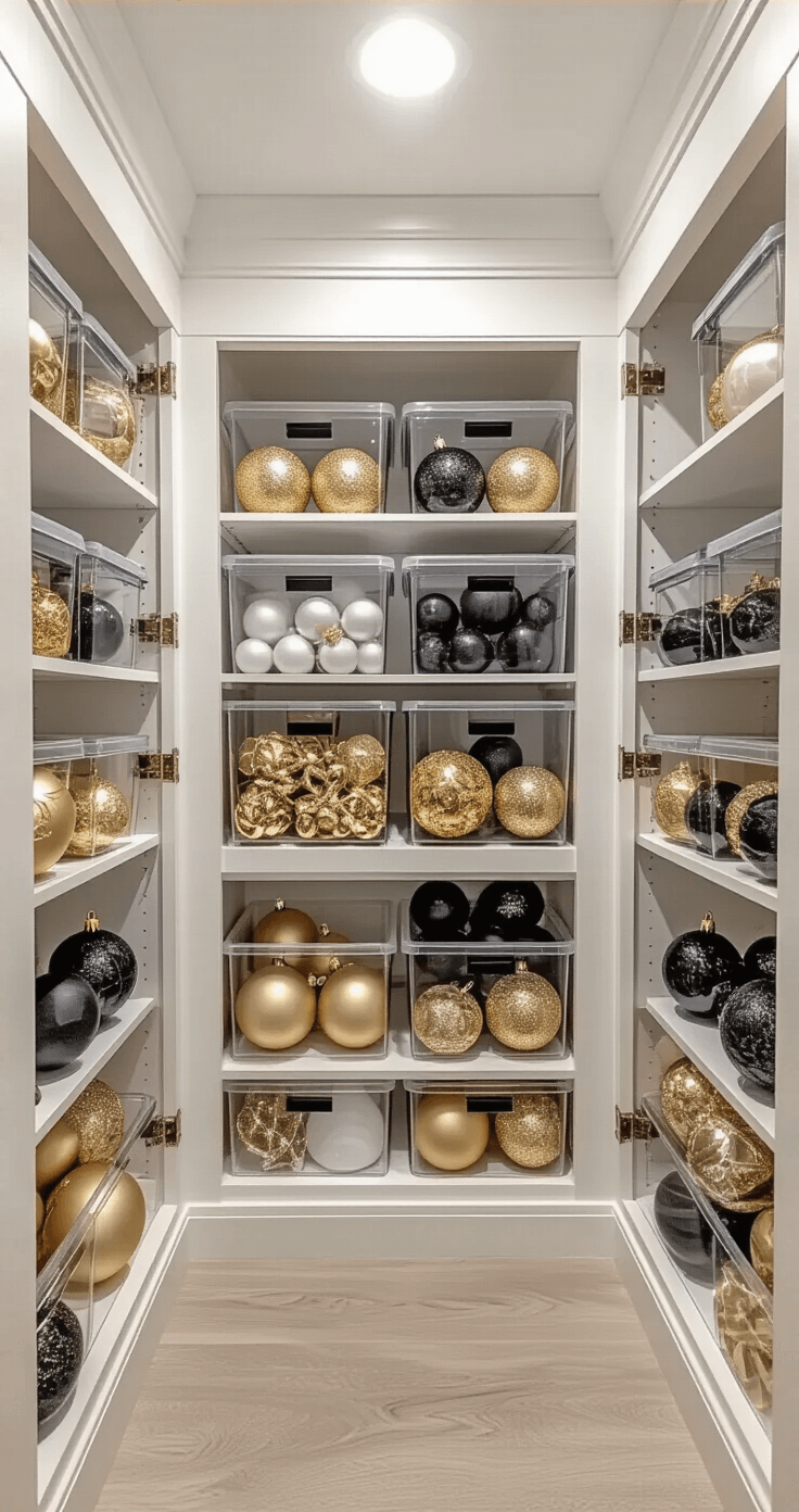 An organized ornament collection in clear storage containers, featuring elegant black and gold ornaments carefully wrapped and sorted in labeled compartmentalized boxes within a clean utility room, illuminated by professional overhead lighting.