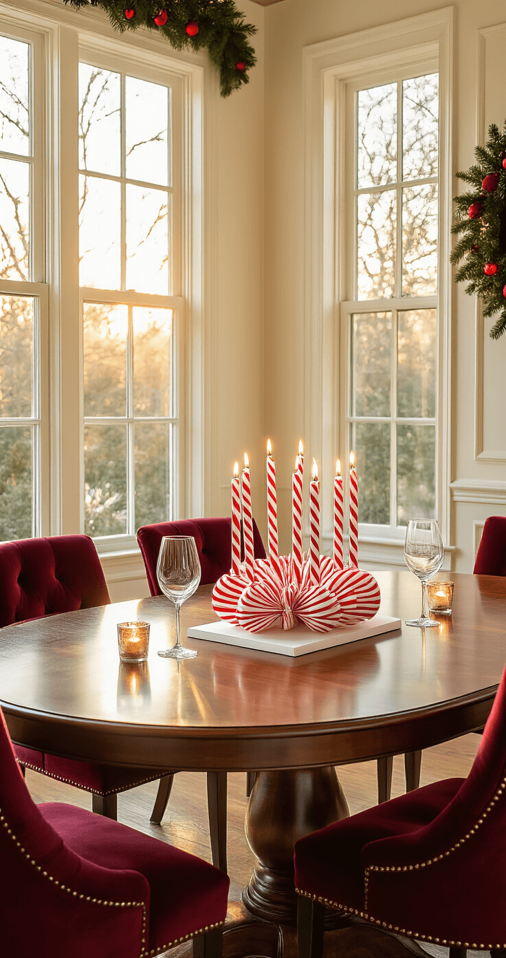 Elegant dining room at golden hour with warm sunlight, featuring a mahogany table and a geometric candy cane centerpiece, surrounded by burgundy velvet chairs, crystal wine glasses, and holiday garland on cream walls.