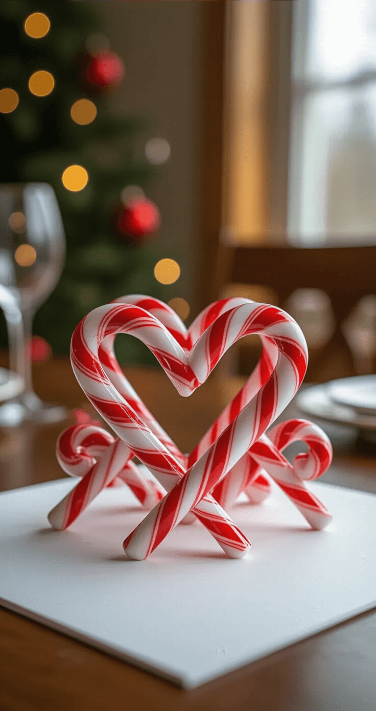 Close-up macro shot of a DIY candy cane centerpiece featuring heart-shaped connections of red-and-white striped candy canes on a white cardstock base, illuminated by natural light, with a blurred elegant dining room background.