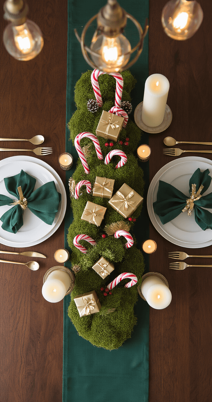 Overhead view of an elegant holiday dining table with a textured centerpiece, featuring candy cane arrangements, emerald moss, gold-wrapped gift boxes, ivory candles, and a forest green table runner, illuminated by warm pendant lighting.
