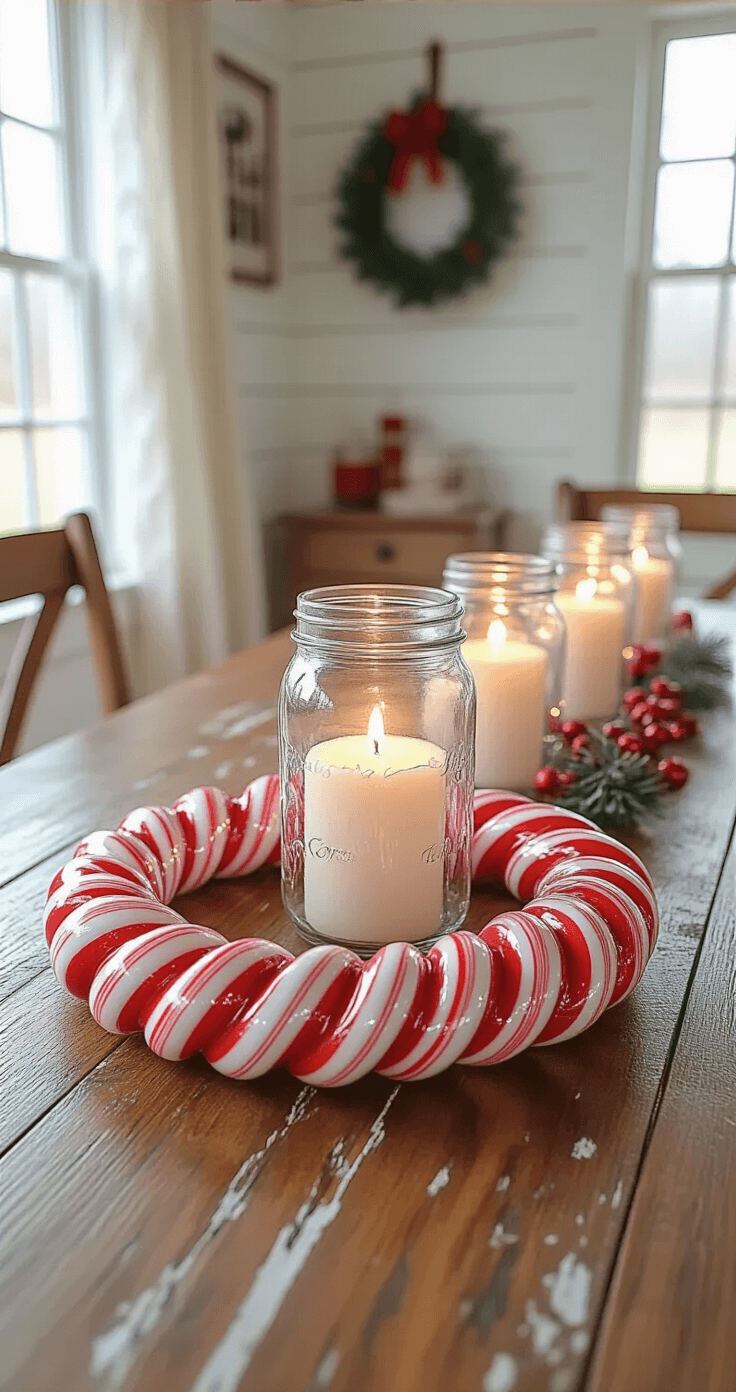 Eye-level view of a rustic farmhouse dining room featuring a red and white candy cane centerpiece on a distressed wooden table, surrounded by twinkling mason jar votives and illuminated by natural light filtering through lace curtains, evoking a warm, nostalgic holiday atmosphere.
