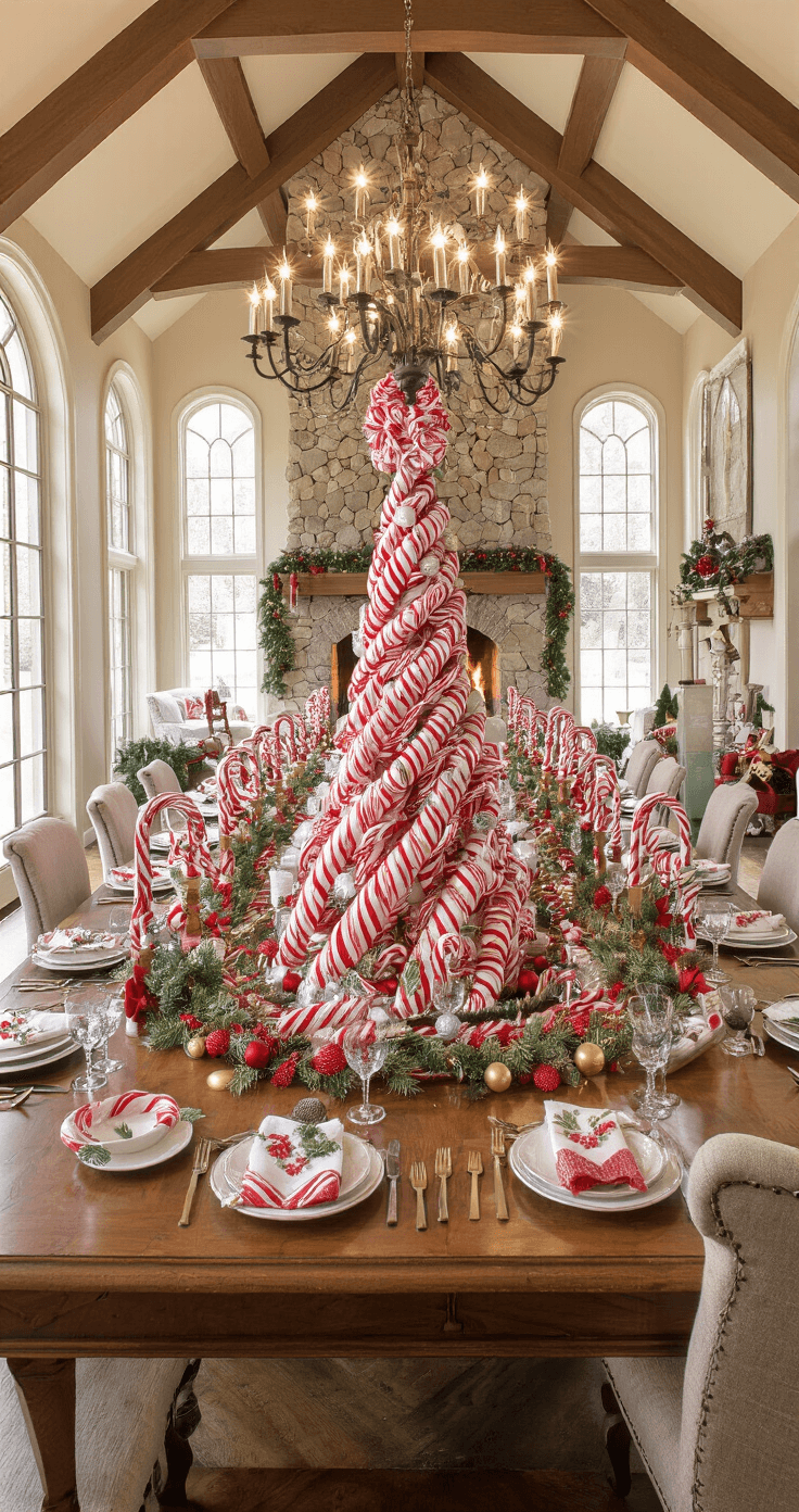 Wide shot of an elegant dining room with a grand oak table seating twelve, adorned with a multi-tiered candy cane centerpiece, surrounded by cascading arrangements. The room features tall cathedral ceilings, exposed beams, a crackling stone fireplace, ambient chandelier lighting, and holiday garland draping from above, emphasizing the festive atmosphere.