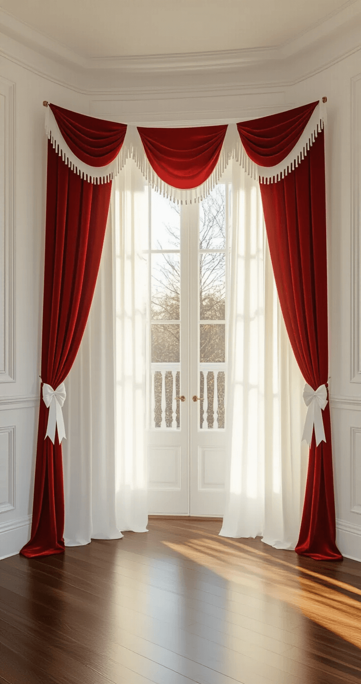 Photorealistic elegant living room corner featuring white walls and crown molding, illuminated by golden hour sunlight through sheer curtains. A striking red and white Christmas backdrop of layered crepe paper streamers with velvet ribbon bows adorns one wall. The hardwood floors reflect the warm light, creating a sophisticated holiday atmosphere.