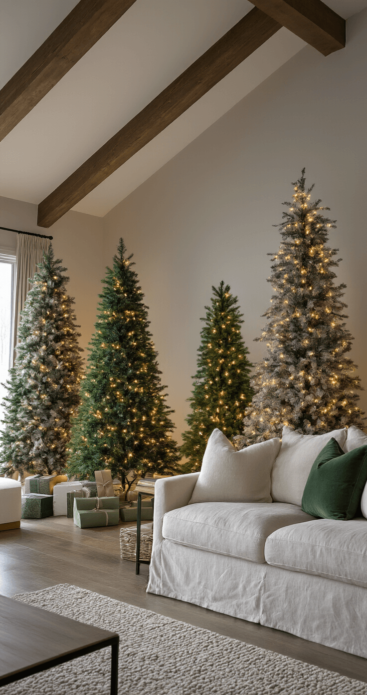 Cinematic Christmas scene in a spacious family room with vaulted ceilings; gray linen backdrop and layered green Christmas trees adorned with warm white LED lights. A plush cream sofa is in the foreground, creating a cozy winter wonderland atmosphere.