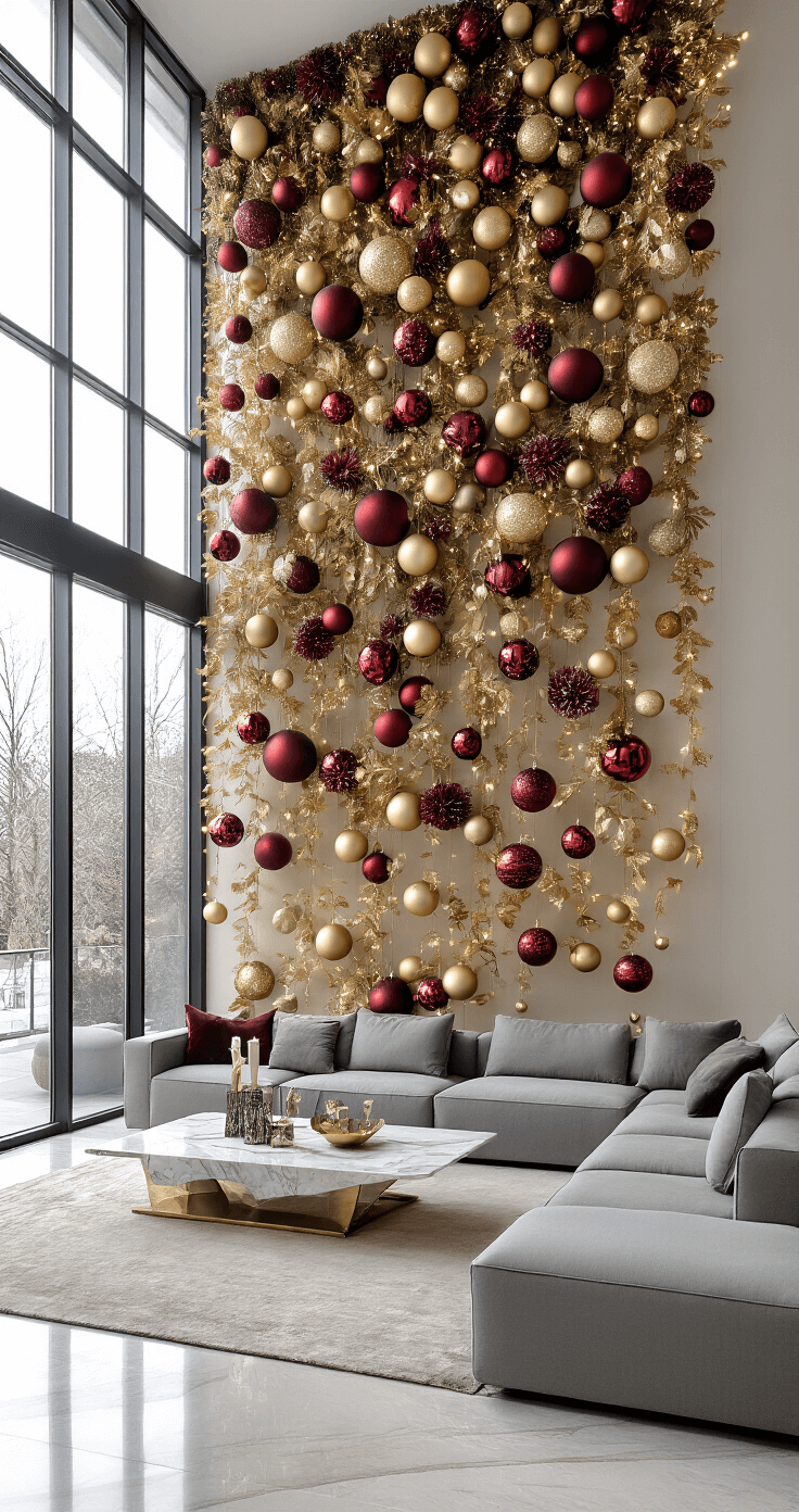A modern living space with 14-foot ceilings and floor-to-ceiling windows, featuring an ornament backdrop wall adorned with cascading garlands of gold, burgundy, and champagne baubles. A marble coffee table reflects light, while a contemporary gray sectional anchors the room in a luxurious, festive setting illuminated by natural daylight.