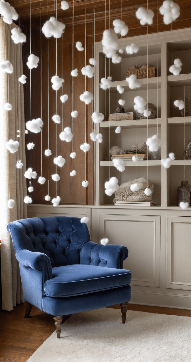 Cozy winter den featuring a navy velvet armchair against rich hardwood paneling, with hundreds of cotton ball-like snow puffs suspended in mid-air, creating a whimsical and dreamy atmosphere in warm afternoon light.