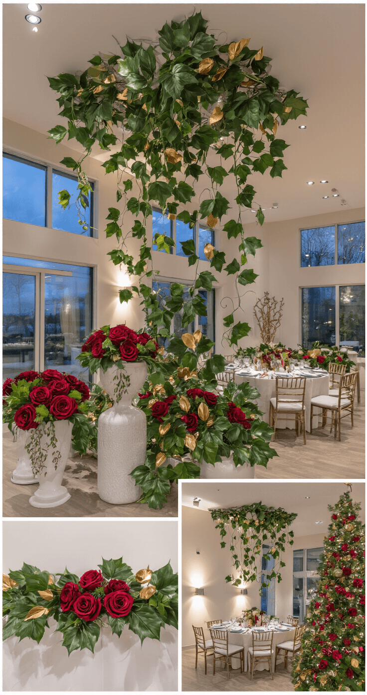 Sophisticated party setup in open concept space with modern architecture, featuring evening ambient lighting, botanical Christmas display with grape leaves, metallic leaves, and silk roses in white ceramic vessels, alongside a sleek dining table.