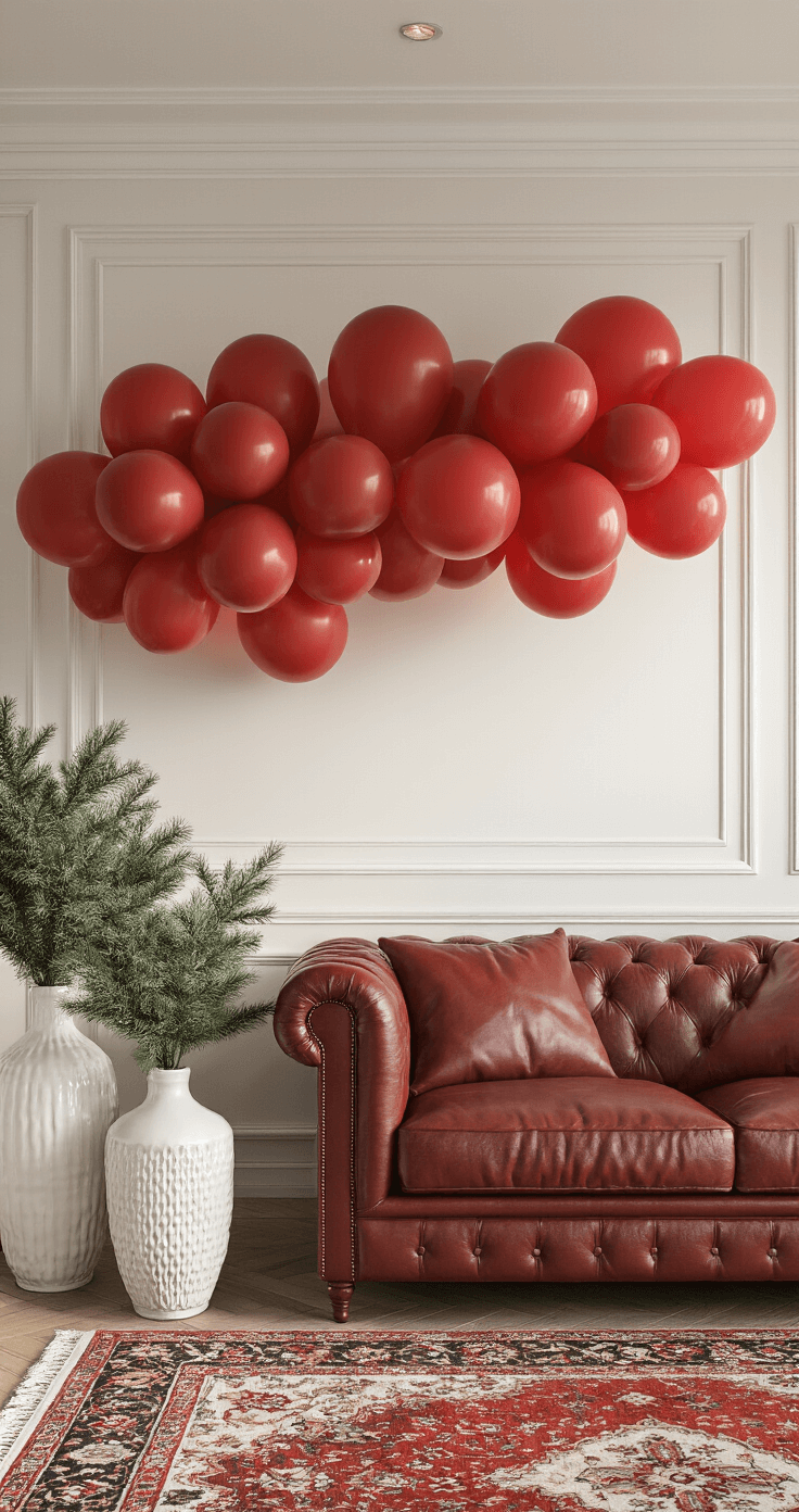A cozy festive living room featuring a coffered ceiling illuminated by late afternoon golden light, with a cluster of 16 red balloons in various sizes resembling an organic cloud. White decorative vases filled with artificial pine greenery accentuate the space, while a Persian rug grounds the seating area, which includes a burgundy leather sofa, all creating a warm and joyful atmosphere.