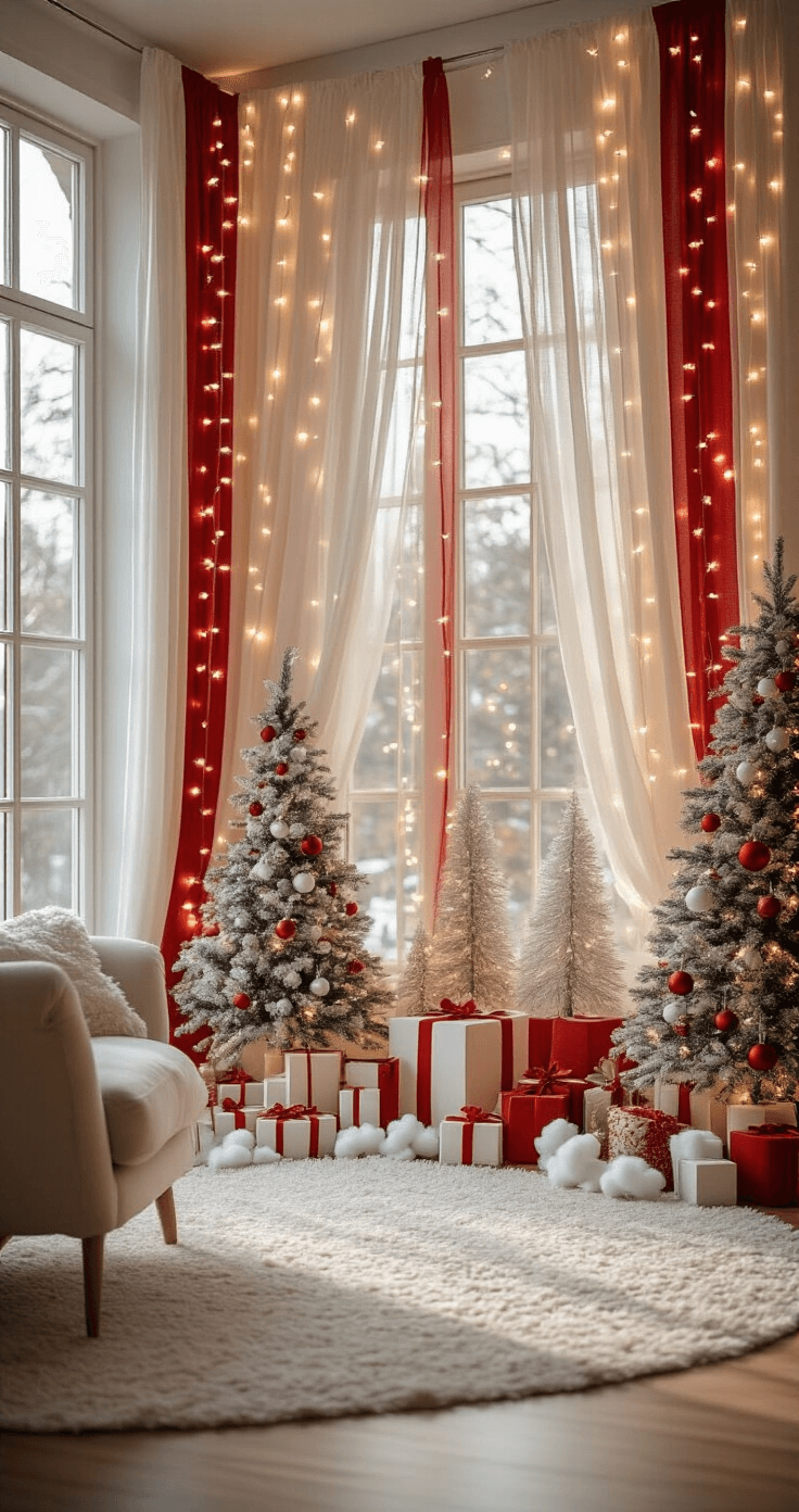 Elegant holiday interior featuring a spacious room with picture windows and soft morning light, adorned with a multi-layered Christmas backdrop of red-white streamers, miniature tree cutouts, scattered ornaments, and floating cotton snow, illuminated by warm white string lights, with neutral furniture staged prominently for a versatile festive design.