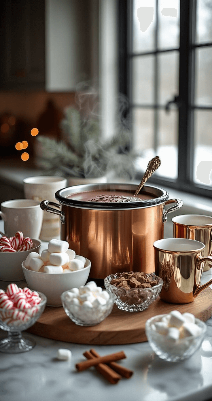 A beautifully arranged hot chocolate bar on a marble kitchen counter, featuring a copper slow cooker, small glass bowls of marshmallows and crushed candy canes, and gold-rimmed mugs, all illuminated by soft winter light.
