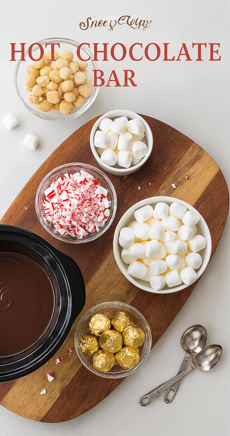 A flat lay of a hot chocolate bar featuring white bowls of mini and jumbo marshmallows on wooden boards, crushed peppermint in a glass bowl, gold-wrapped chocolates, and silver measuring spoons, with a steaming slow cooker of chocolate and natural light casting soft shadows.