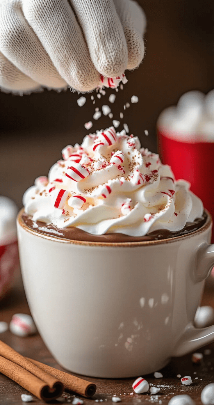 A close-up shot of a hot chocolate mug with rich dark chocolate, topped with fluffy whipped cream, crushed candy canes, golden marshmallows, and a cinnamon stick. A gloved hand sprinkles peppermint pieces, while a hot chocolate bar blurs in the background, all captured in soft, warm lighting.