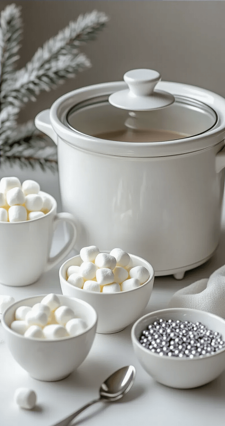 A minimalist winter-themed hot chocolate bar featuring pristine white ceramic bowls filled with marshmallows, white chocolate chips, and silver dragées, accompanied by a matte white slow cooker, pure white mugs, and silver serving utensils, all set against a softly lit backdrop with a hint of pine branches.