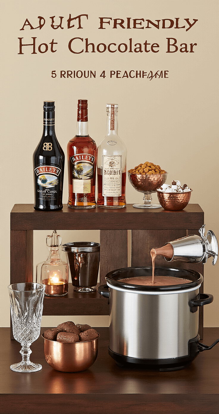 An elegant hot chocolate bar with dark wood surfaces, metallic accents, and premium liquor bottles, featuring a sleek modern slow cooker, crystal bowls of toppings, and warm moody lighting for an intimate atmosphere.