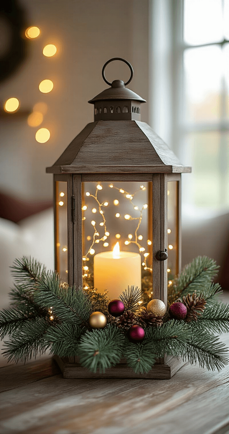 A rustic farmhouse lantern adorned with pine and cedar greenery, embellished with matte gold and deep burgundy ornaments, softly lit by warm fairy lights, set on a weathered wood surface against a softly lit cozy living room background.