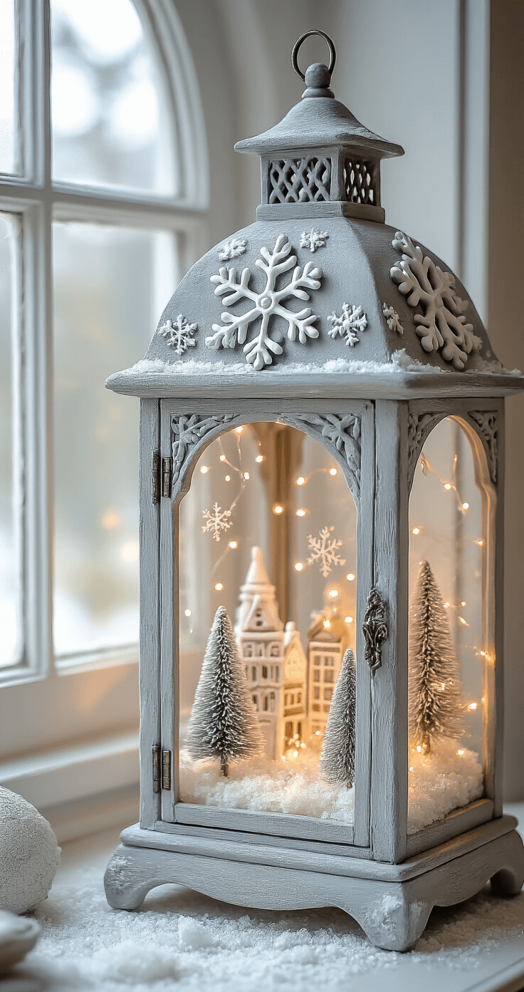 An elegant French country lantern adorned with intricate air-dry clay snowflakes and architectural details, painted in layered grey chalk paint with metallic silver and bronze highlights. The interior features delicate bottle brush trees on a shimmering epsom salt base, illuminated by warm white fairy lights, creating a magical winter village scene, all softly lit by natural light from a large arched window.