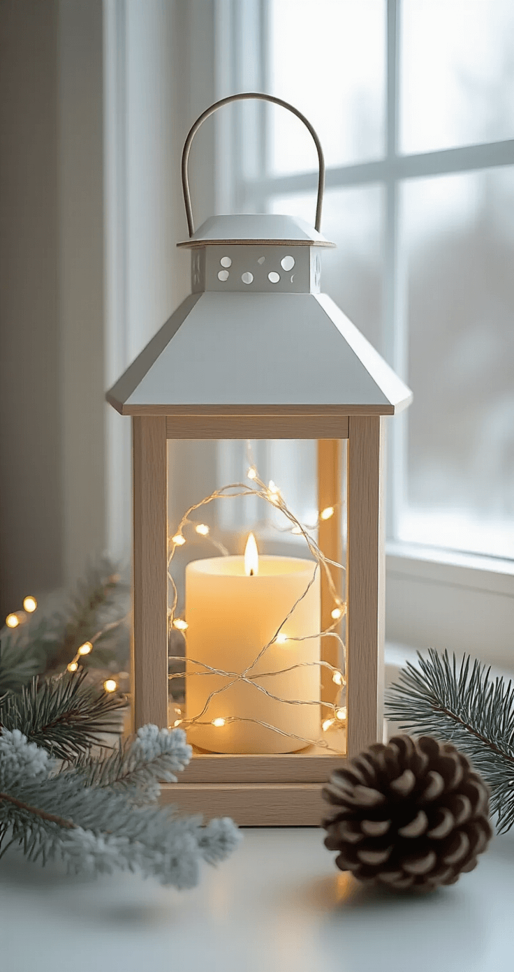 A minimalist Scandinavian-style lantern made of white and natural wood, containing LED string lights and a battery-operated pillar candle, decorated with two eucalyptus sprigs and a large pinecone, illuminated by clean midday light from a window, emphasizing negative space and simplicity.