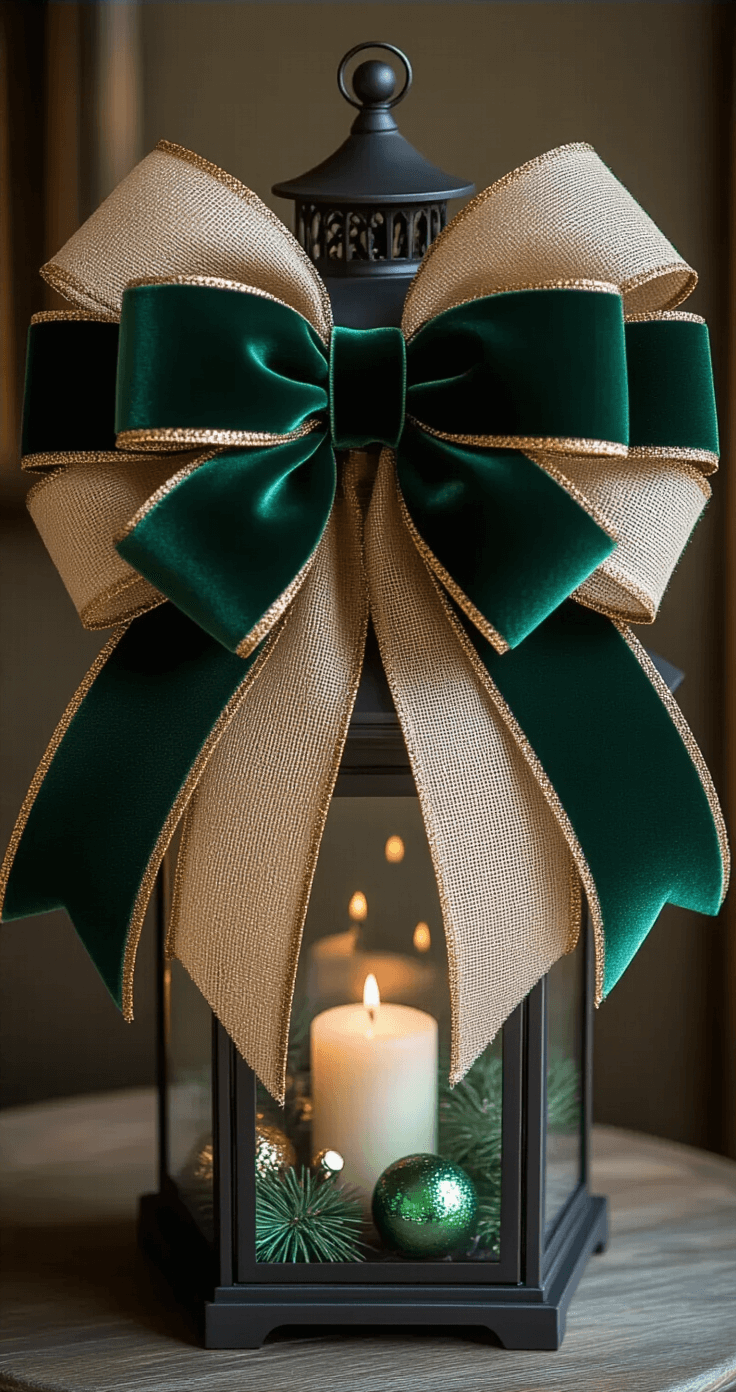 A luxurious holiday lantern adorned with an oversized bow made from deep emerald green velvet, medium burlap with bronze edges, and thin gold wire-edged ribbon, featuring hints of greenery and mercury glass ornaments, captured in rich evening lighting from a low angle to emphasize the bow's dramatic volume.