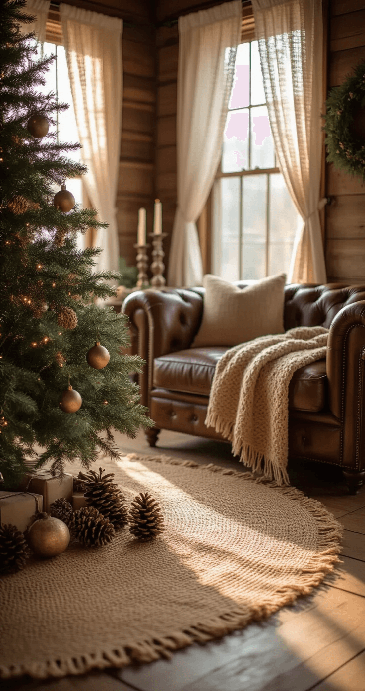 Cinematographic interior of a cozy rustic living room featuring a Christmas tree with a burlap skirt, soft morning light through lace curtains, a leather Chesterfield sofa with a chunky knit throw, and antique brass candle holders, all casting warm shadows on hardwood floors.