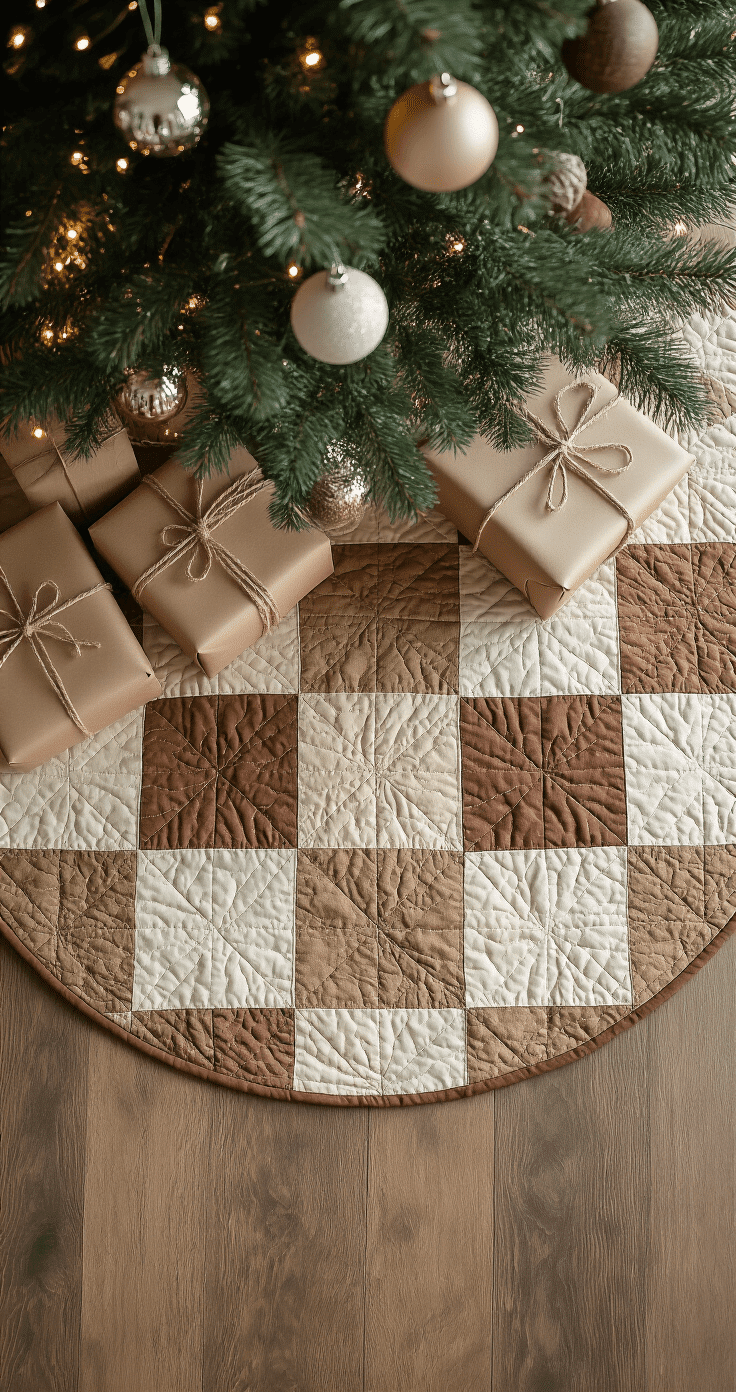 Overhead view of a rustic Christmas farmhouse setting featuring a handmade quilted tree skirt in browns and creams, with vintage glass ornaments and gifts wrapped in kraft paper, all bathed in soft natural light.
