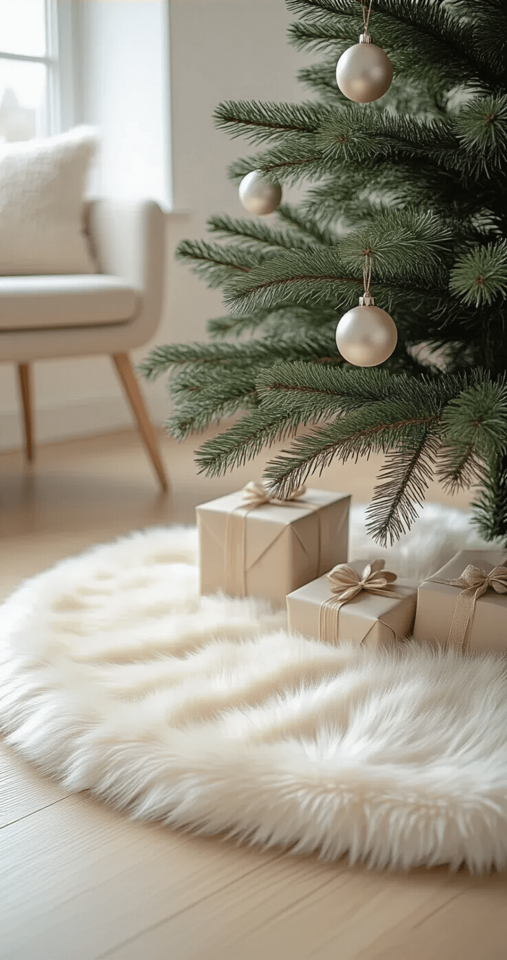 Close-up of a creamy ivory faux fur tree skirt in a minimalist Nordic-inspired living space, with soft lighting highlighting its texture, sleek wooden floors, and a decorated pine tree surrounded by monochromatic gifts, evoking a sense of hygge warmth.