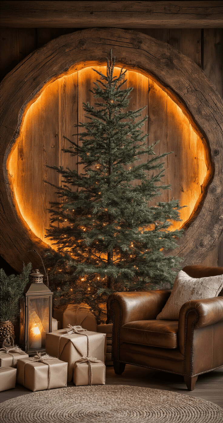 A cozy woodland-inspired interior featuring a natural pine tree encircled by a wooden tree collar, warm amber lighting highlighting rich wood textures, a leather armchair, a vintage brass lantern, and gifts wrapped in natural materials, all creating an earthy color palette.