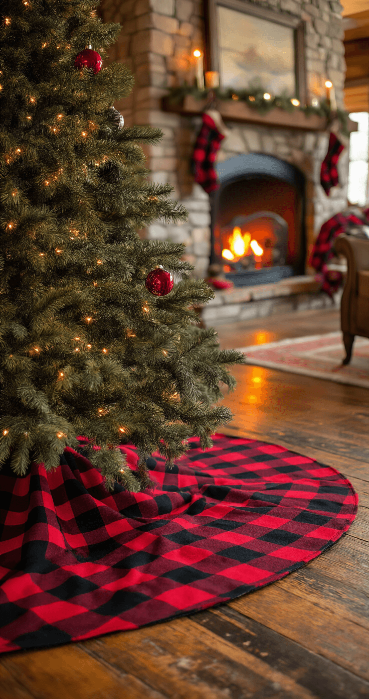 Dramatic wide-angle view of a cozy farmhouse living room with a plaid red and black buffalo check tree skirt, a glowing fireplace, distressed wooden floors, vintage wool blankets, and ornaments reflecting warm light.