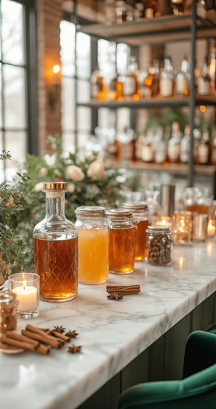Elegant winter cocktail hour featuring a sophisticated hot toddy customization station, with a marble bartop and copper accents. Vintage glass dispensers filled with bourbon, artisanal honey jars, cinnamon sticks, and star anise are beautifully arranged under warm candlelight, complemented by emerald green velvet bar chairs and industrial-chic metal shelving. The scene is softly illuminated, with a blurred wedding reception background, showcasing intricate details in a professional food and beverage photography style.