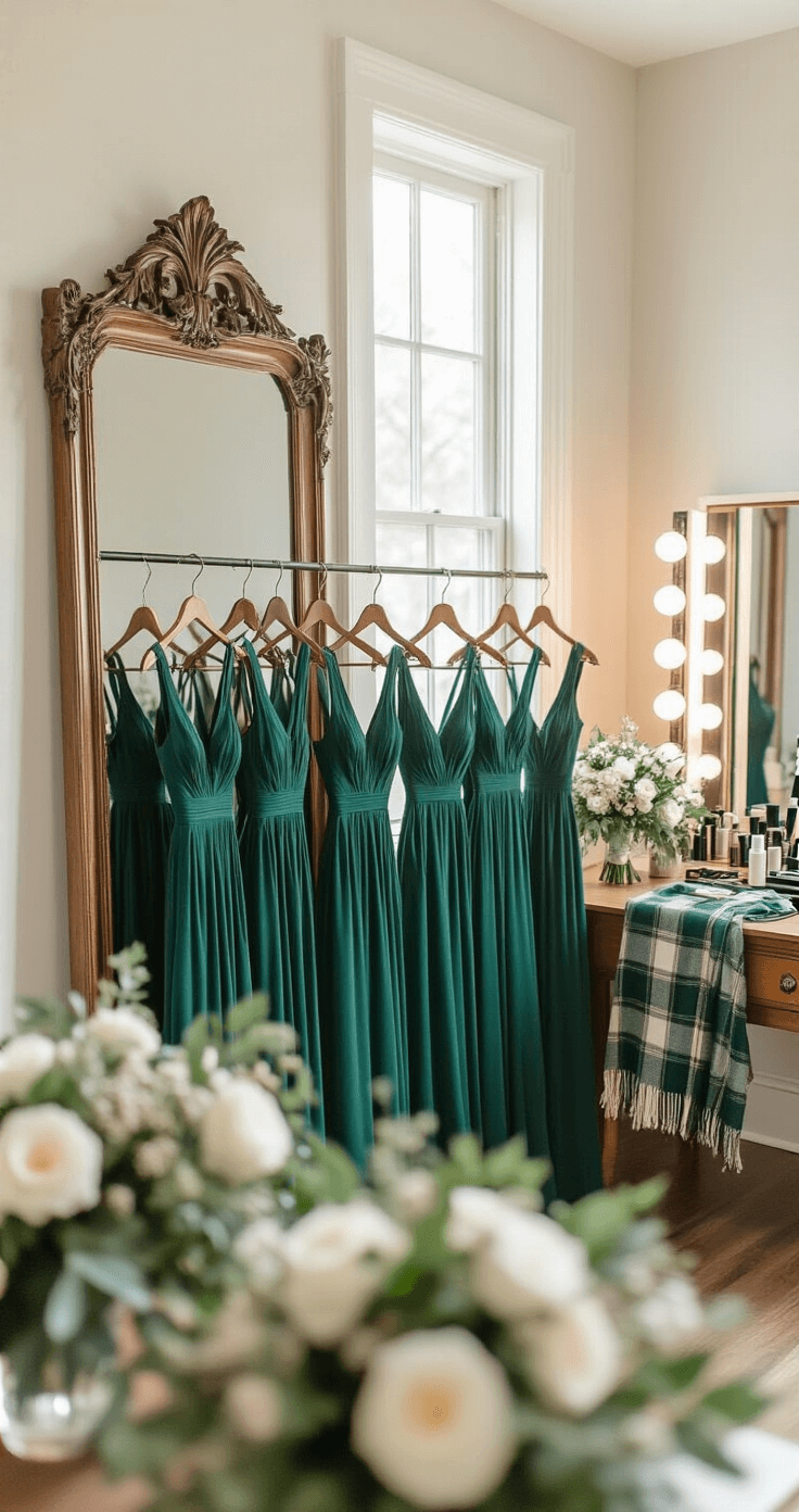Bridal party preparation room featuring emerald green bridesmaid dresses on vintage wooden hangers, soft white walls, large ornate mirror, plaid pashmina shawls, makeup station with professional lighting, bouquets of white flowers and winter greenery, and natural window light creating soft shadows in a high-end fashion photography style.