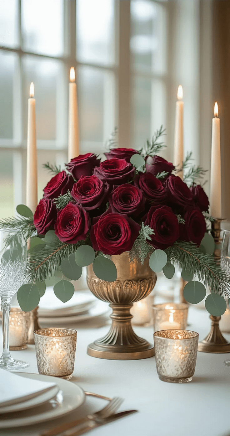 Luxurious winter wedding reception tablescape featuring deep burgundy garden roses in an antique brass compote vase, surrounded by flickering ivory taper candles, mercury glass votives, and greenery, all illuminated by soft evening light.