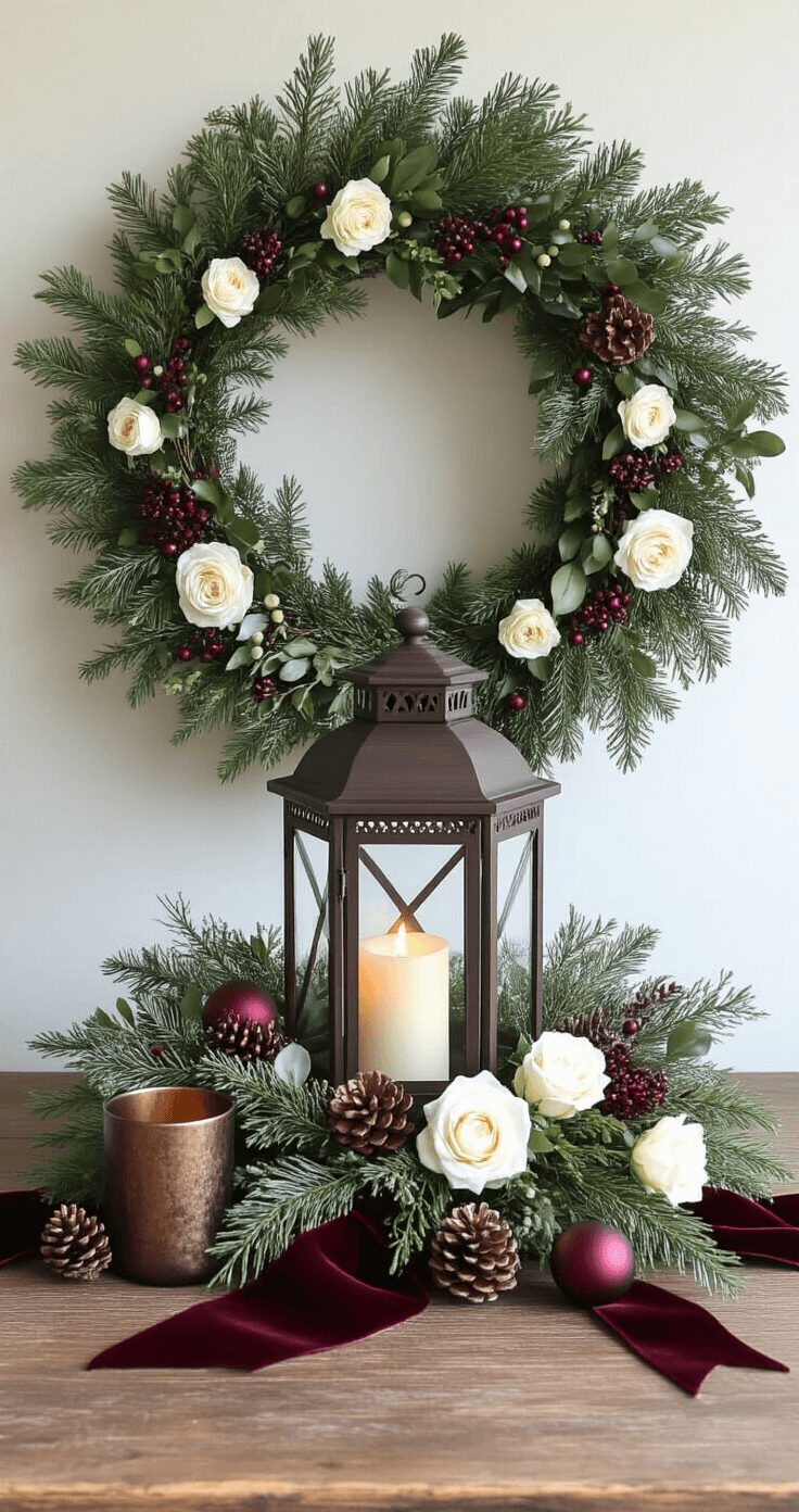 An elegant woodland-inspired centerpiece featuring a dark wood hurricane lantern surrounded by winter greenery, white garden roses, hellebores, olive branches, scattered burgundy ornaments, tiny pinecones, brushed bronze votives, and velvet burgundy ribbon, all illuminated by soft candlelight on a rustic wooden table.
