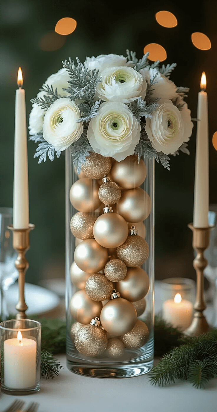 A sophisticated Christmas wedding cocktail table centerpiece featuring a clear cylinder vase filled with matte champagne and gold ornaments, topped with a tight floral arrangement of white ranunculus and dusty miller. Surrounding the vase are brass candlesticks with ivory candles, alongside sprigs of preserved moss and pine branches, all illuminated by soft evening light.