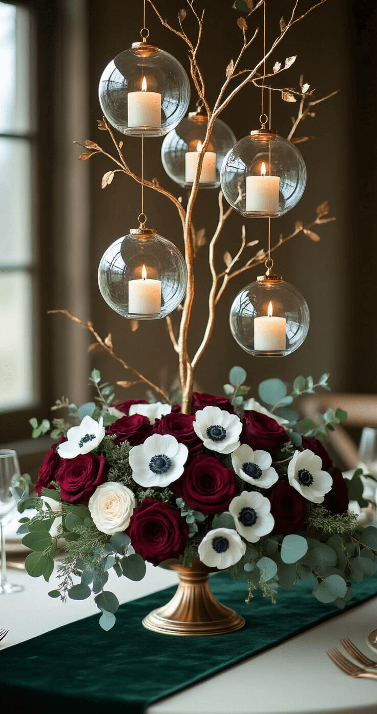 Dramatic tall centerpiece with suspended glass orbs and floating candles from gold-leafed branches, adorned with deep burgundy roses, white anemones, and silvery eucalyptus in a lush compote. Copper wire details and a forest green velvet runner enhance the scene, illuminated by soft, diffused lighting for a romantic winter elegance.