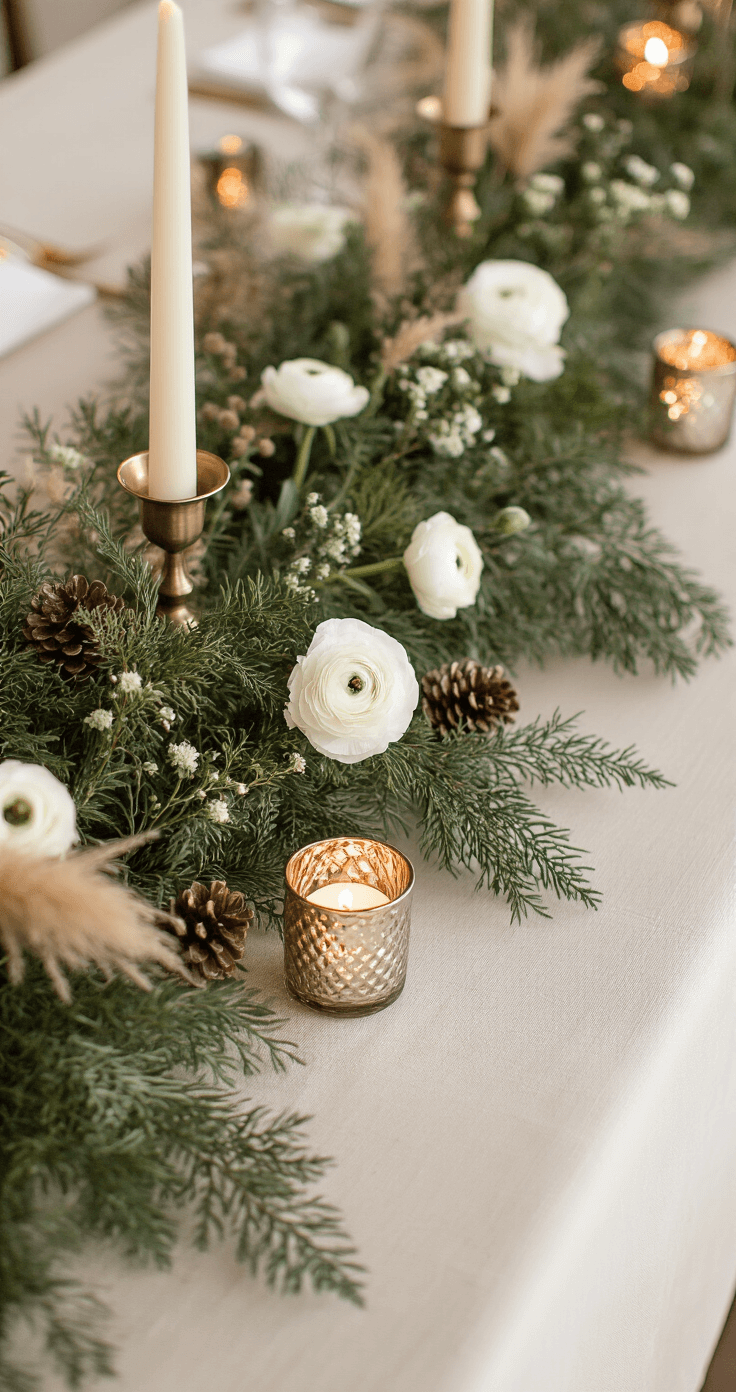 Intimate winter wedding table with a greenery garland, scattered mercury glass votives, white ranunculus, pampas grass, brass candlestick holders, ivory linen tablecloth, pinecones, and preserved moss, captured in warm evening light from a low angle.