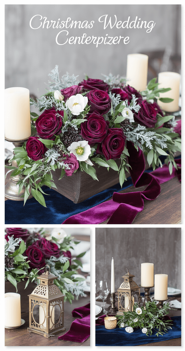 A romantic Christmas wedding centerpiece featuring a dark wooden trough filled with deep plum and burgundy roses, silvery dusty miller, olive branches, and white hellebores, with velvet burgundy ribbons, vintage brass lanterns, ivory pillar candles, and a navy blue table runner, all highlighted by dramatic side lighting.