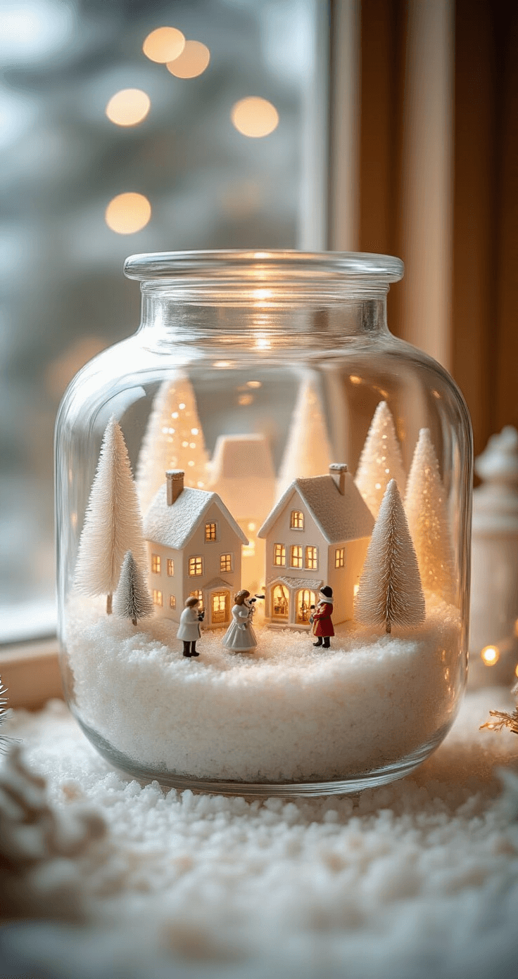 Intimate Christmas village inside a glass apothecary jar, featuring pastel houses on Epsom salt snow, surrounded by bottle brush trees and tiny figurines, with warm amber backlighting and delicate frost on the jar edges, captured in macro photography with a soft focus background.