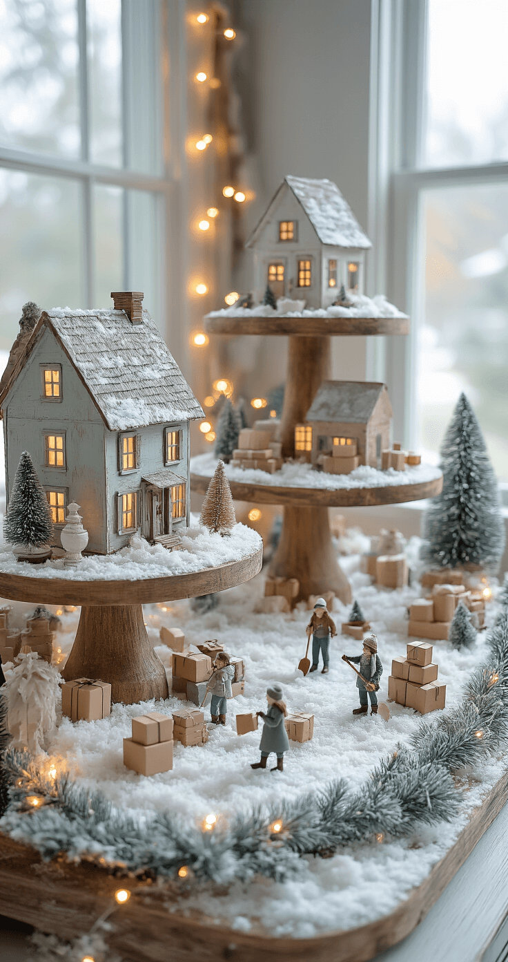 Rustic farmhouse Christmas village display featuring wooden cake stands for elevation, pastel-painted Dollar Tree buildings, frosted pine garland, warm white lights, vintage figurines in action, and a blanket of textured artificial snow, all basked in soft blue-gray morning light.