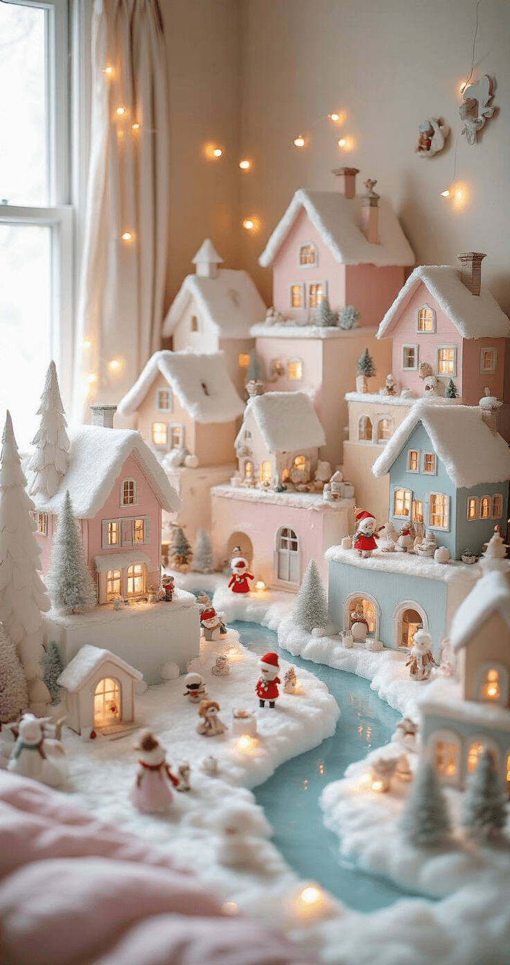 A whimsical Christmas village display in a child's bedroom, featuring pastel-painted wooden houses on a multi-level styrofoam base, playful figurines in storytelling scenes, small mirrors as frozen ponds, cellophane icy rivers, and soft cotton batting as a misty landscape, all illuminated by warm fairy lights under soft morning light.