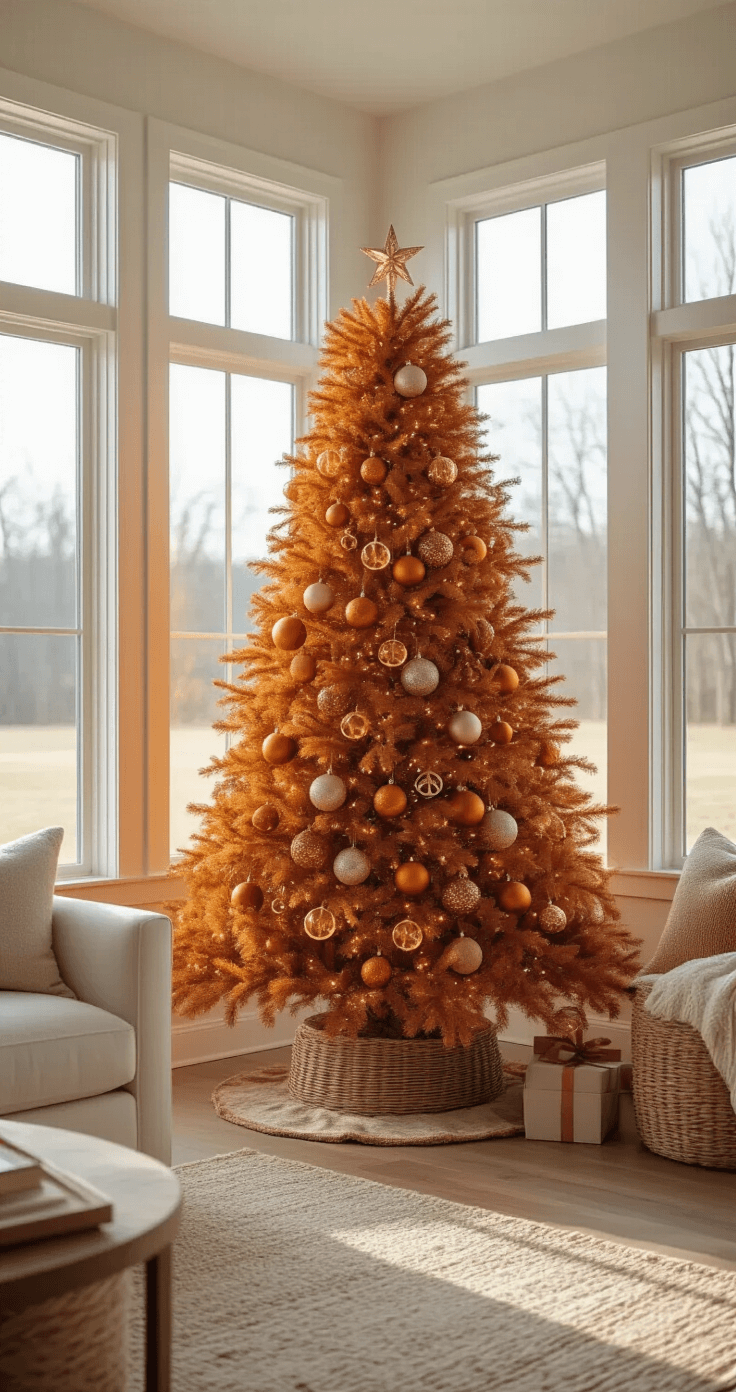 A modern farmhouse living room featuring a 7.5-foot burnt orange Christmas tree adorned with shiny and matte ornaments, gold accents, and dried orange slices, positioned by a large picture window. Soft warm white lighting creates gentle shadows, with cream walls and warm wood floors in the soft-focused background showcasing neutral furniture and natural textures.