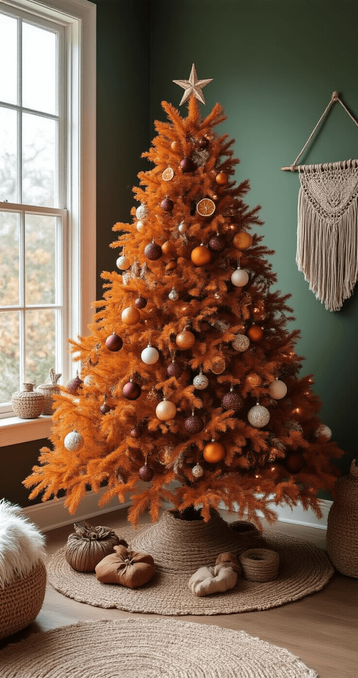 A cozy boho-inspired living room with deep forest green walls, featuring a burnt orange Christmas tree decorated with burnt orange, burgundy, and cream ornaments, dried orange slices, and cinnamon sticks. The space includes a macramé wall hanging, woven textiles, a jute tree collar, and warm white lights, illuminated by soft late afternoon sunlight filtering through large windows.