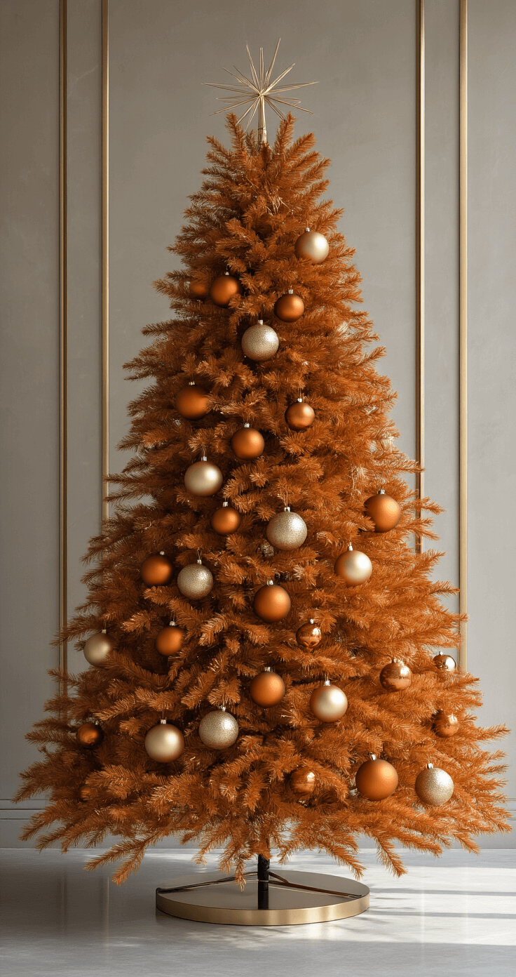 A minimalist modern interior featuring a burnt orange Christmas tree adorned with champagne and antique gold ornaments, alongside burnt orange baubles. The greige walls and polished concrete floors enhance the sophisticated aesthetic, complemented by sleek brass hardware. Sheer gold ribbon drapes loosely, while side lighting casts dramatic shadows across the tree.