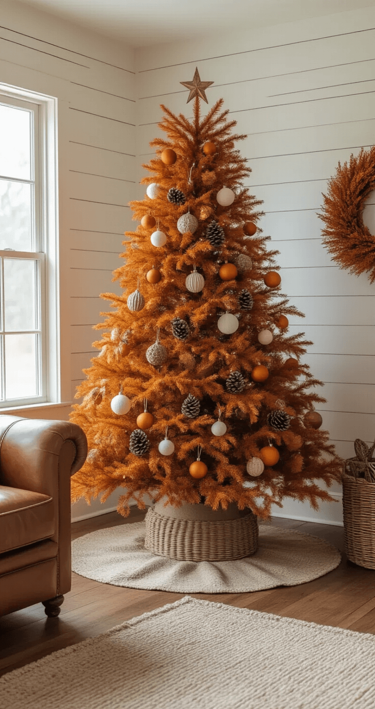 A rustic farmhouse living room featuring a burnt orange Christmas tree adorned with natural wood-toned ornaments, dried orange slices, and gold spray-painted pine cones. The cream shiplap walls and warm oak hardwood floors complement vintage brass accents. Soft warm lighting enhances the inviting atmosphere, with a woven basket tree collar and a vintage leather armchair nearby, all captured in soft focus.
