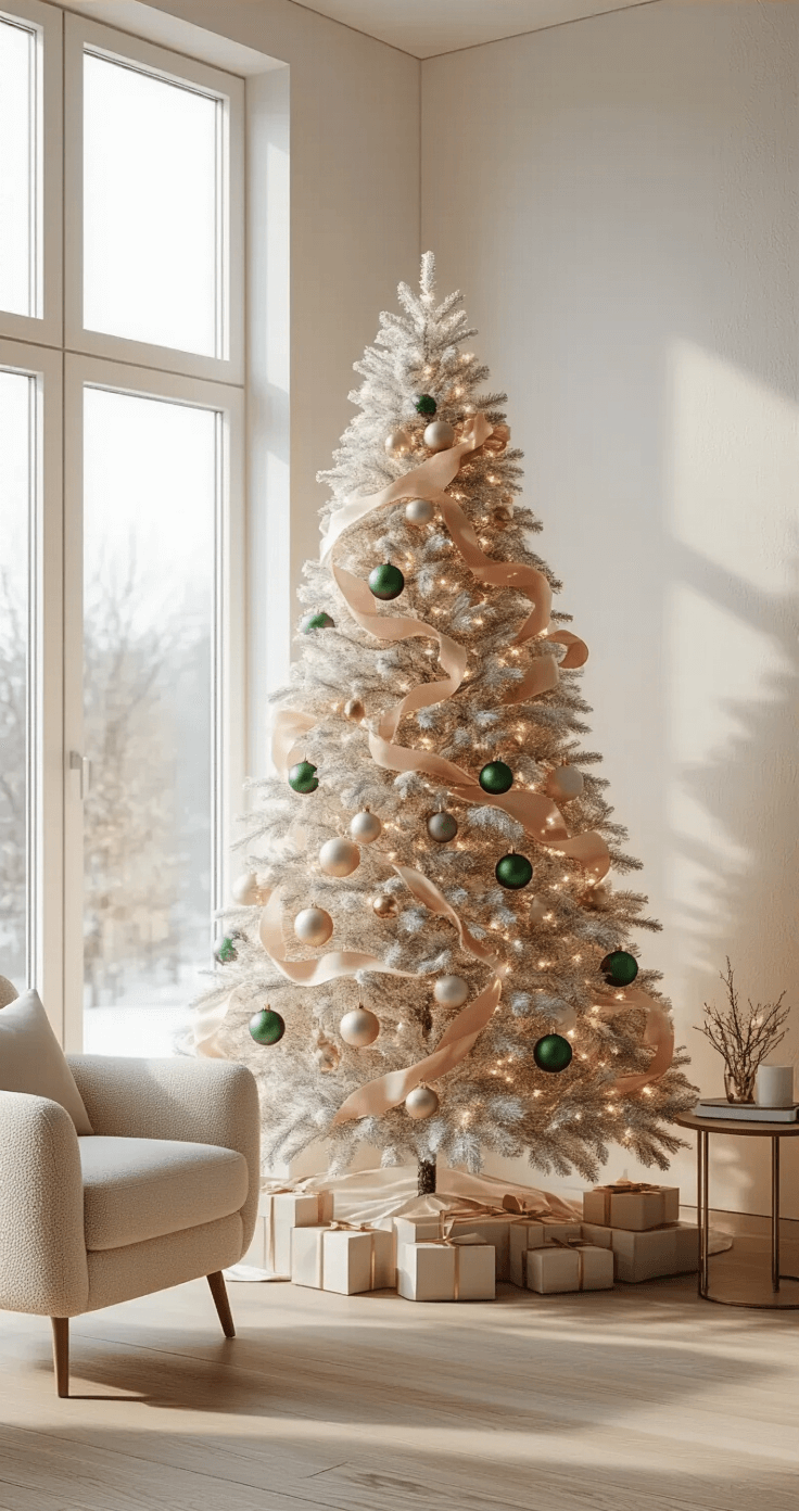 Ultra-realistic modern living room featuring a flocked Christmas tree with warm white LED lights, decorated with blush pink and gold ribbons and glass ornaments. The scene includes large floor-to-ceiling windows, white textured walls, a natural wood floor, and a cream boucle armchair, all illuminated by soft winter afternoon light.