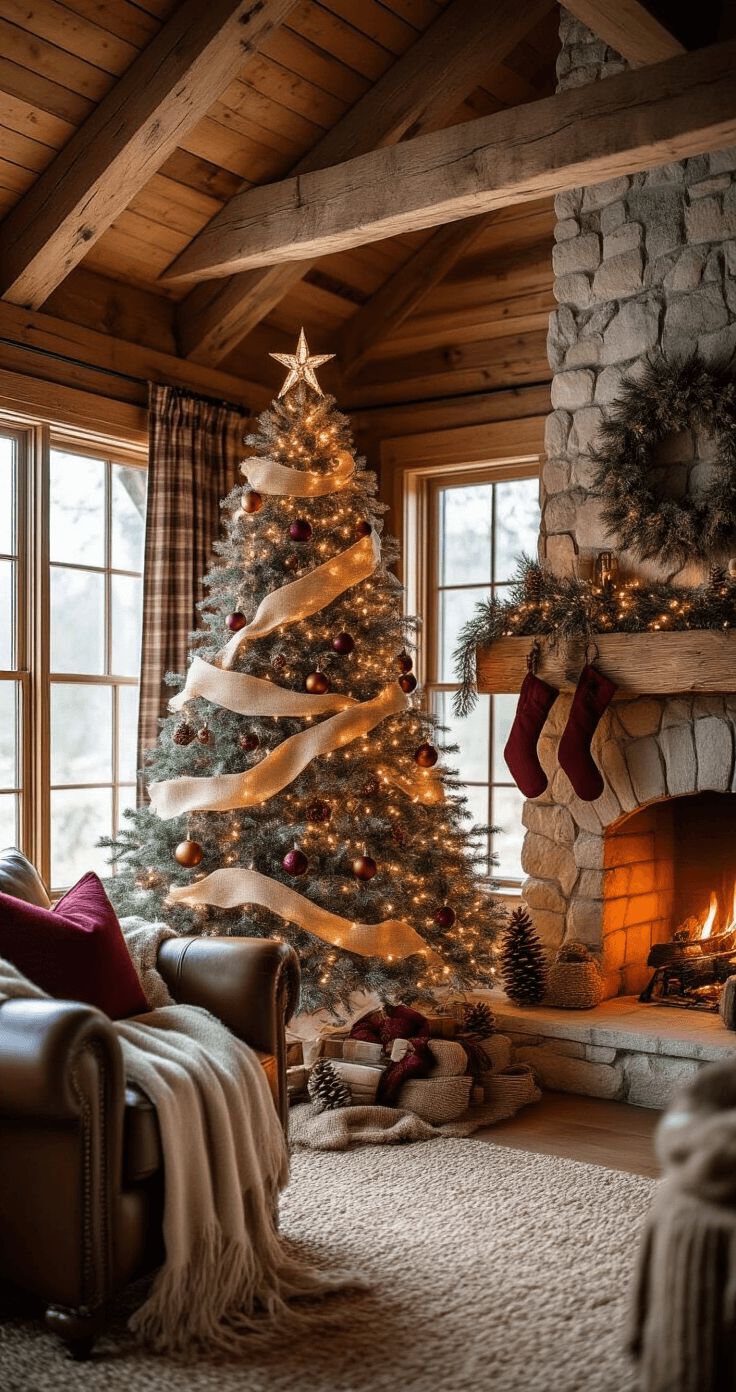 Cozy rustic cabin interior with a flocked Christmas tree decorated with warm white lights, burlap and copper ribbons, and burgundy ornaments; exposed wooden beam ceiling, stone fireplace with flickering flames, and an oversized wool throw on a leather armchair. Morning light filters through plaid curtains, highlighting the warm textures of the room.