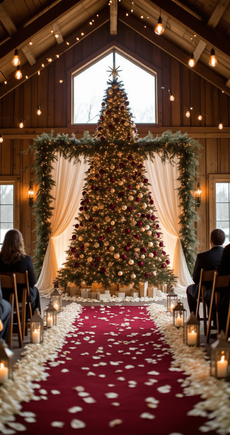 Wide angle shot of a luxurious winter wedding ceremony in a rustic barn, featuring a decorated 12-foot Christmas tree, ambient lighting, scattered rose petals, and an elegant fabric arch.