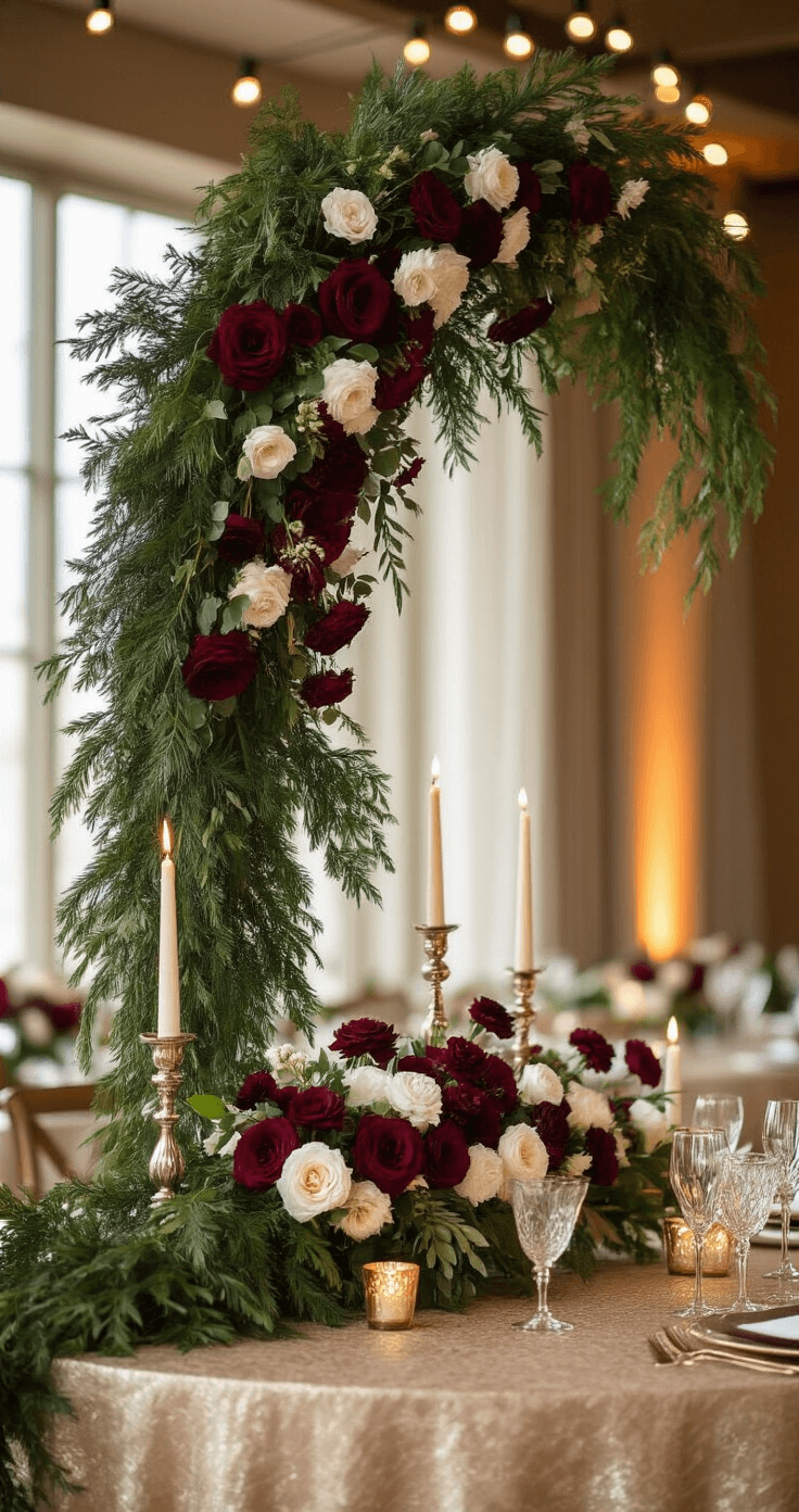 Intimate sweetheart table adorned with an oversized greenery garland of emerald pine, burgundy roses, and white ranunculus, set on a champagne gold linen. A pyramid of crystal champagne glasses and soft candlelight from silver and gold candlesticks create a romantic ambiance, against a blurred background of string lights and warm uplighting.