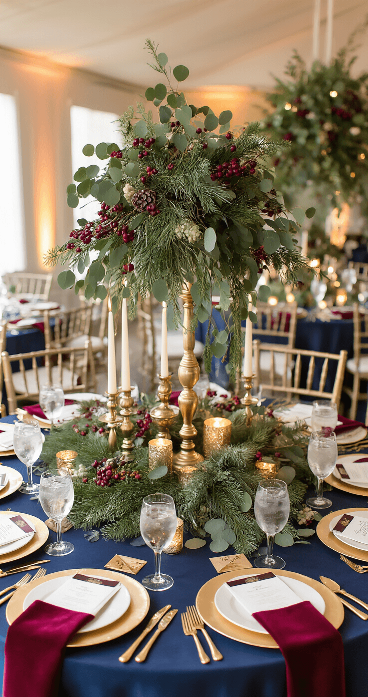 Sophisticated winter wedding reception tablescape with round tables featuring layered centerpieces, gold and silver candle holders, lush garlands, crisp white china, burgundy velvet napkins, gold chargers, scattered votives, soft navy blue linens, and warm gold uplighting, captured from an overhead view.