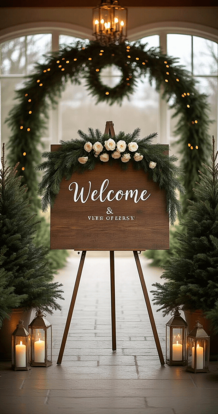Dramatic wedding entrance with a wooden welcome sign on a brass easel, adorned with evergreen garland and white roses, flanked by potted pine trees in decorative planters, soft candlelight illuminating the pathway, and an overhead archway draped in greenery, all under diffused winter light from large windows.