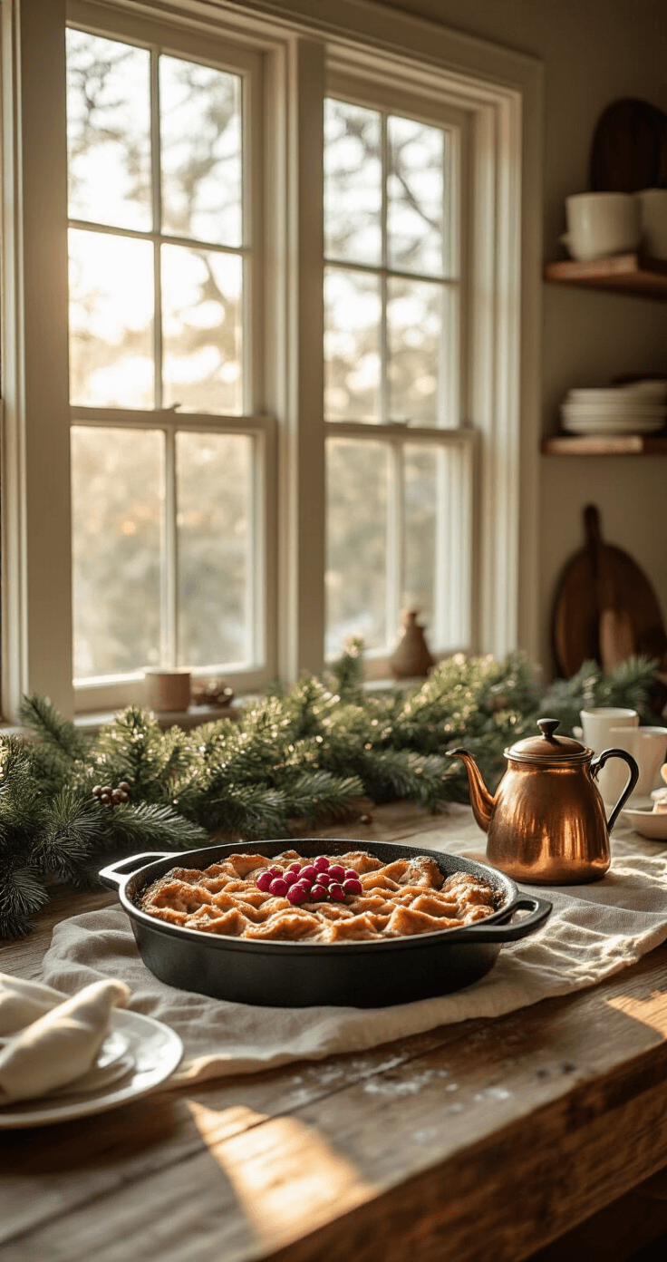 A cozy farmhouse kitchen on Christmas morning, featuring a rustic dining table set with a French toast casserole garnished with cranberries and powdered sugar, a cast iron skillet and vintage coffee pot nearby, with soft light streaming through large windows and festive decor in the background.