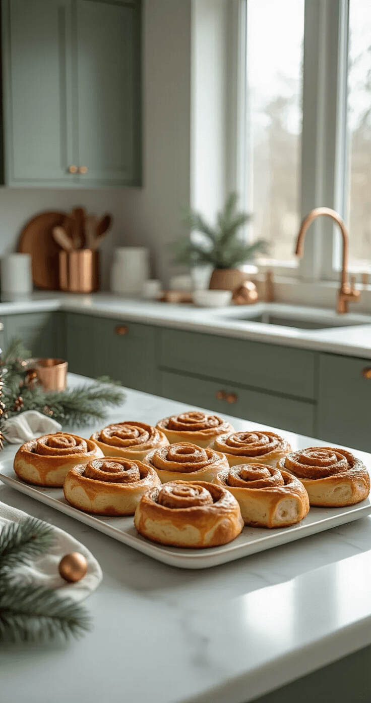 A minimalist kitchen with white marble countertops showcases freshly baked brown butter eggnog cinnamon rolls on a contemporary ceramic platter, accented by soft Christmas morning light, muted sage green and warm cream colors, copper utensils, and minimal holiday decor, captured in a crisp, architectural photographic style.